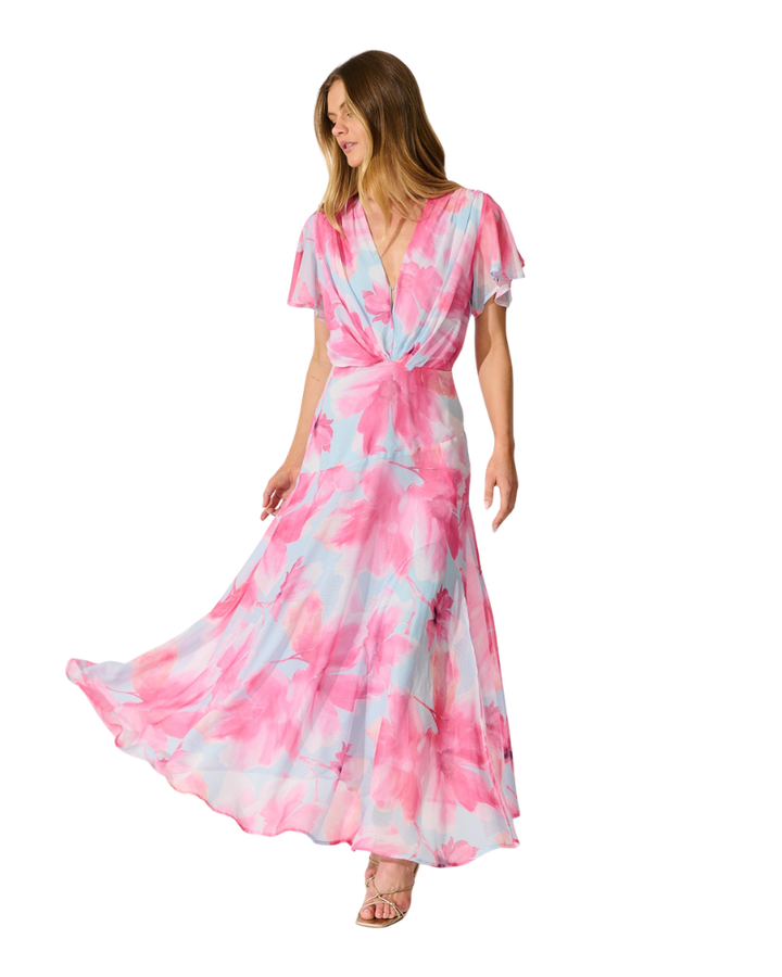 Women’s Floral Print V-Neck Flutter Sleeve Maxi Dress