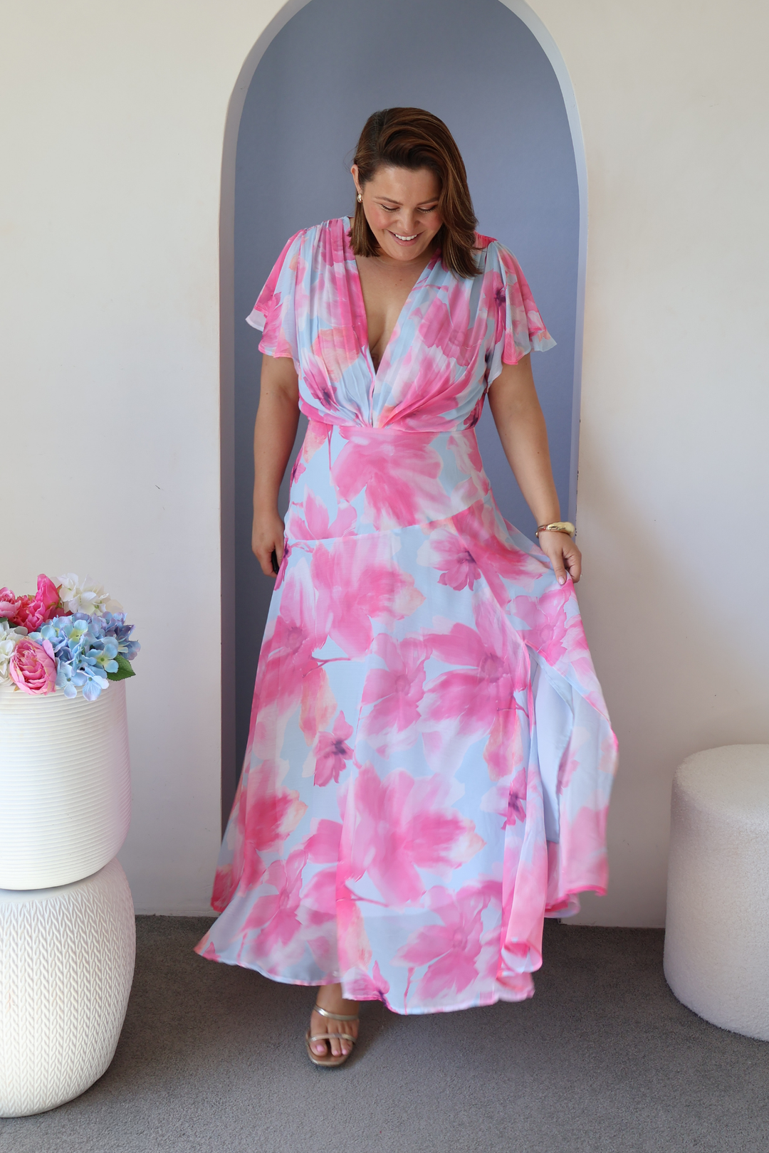 Women’s Floral Print V-Neck Flutter Sleeve Maxi Dress