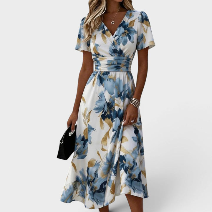 Women's Floral Wrap Midi Dress with V-Neck and Short Sleeves