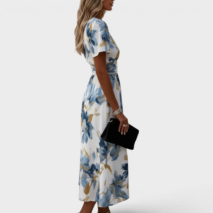 Women's Floral Wrap Midi Dress with V-Neck and Short Sleeves
