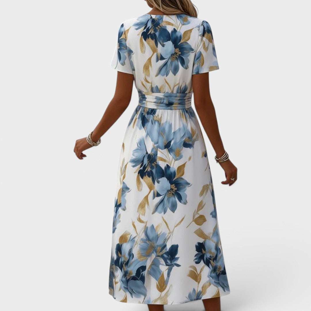 Women's Floral Wrap Midi Dress with V-Neck and Short Sleeves