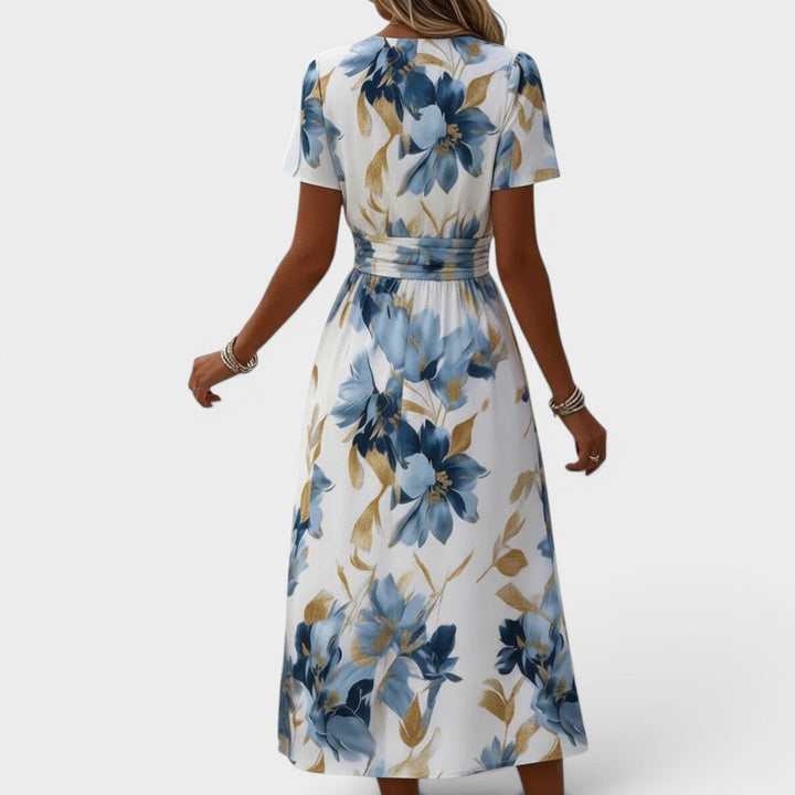 Women's Floral Wrap Midi Dress with V-Neck and Short Sleeves