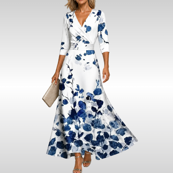 Women's Floral Wrap Midi Dress with V-Neck and Three Quarter Sleeves