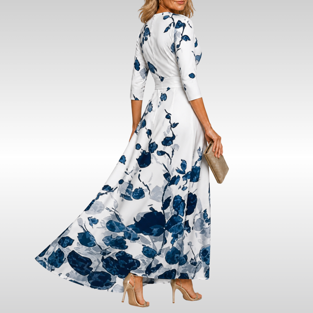 Women's Floral Wrap Midi Dress with V-Neck and Three Quarter Sleeves