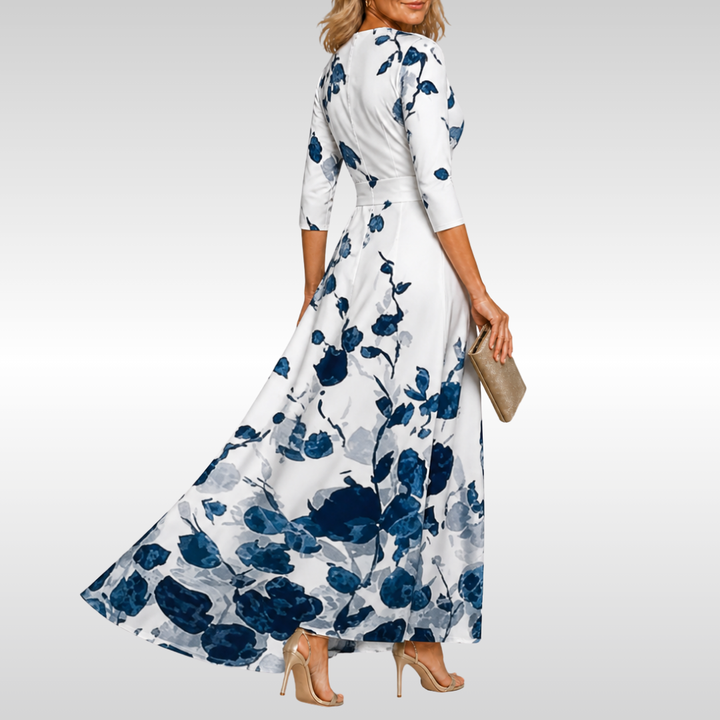 Women's Floral Wrap Midi Dress with V-Neck and Three Quarter Sleeves