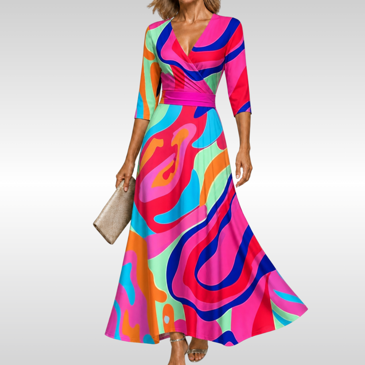 Women's Floral Wrap Midi Dress with V-Neck and Three Quarter Sleeves