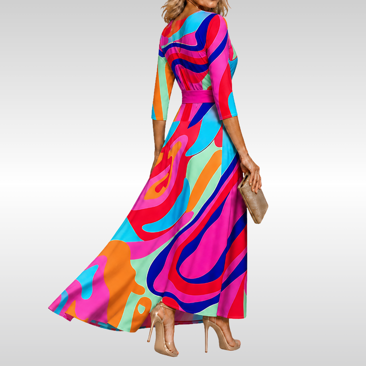 Women's Floral Wrap Midi Dress with V-Neck and Three Quarter Sleeves