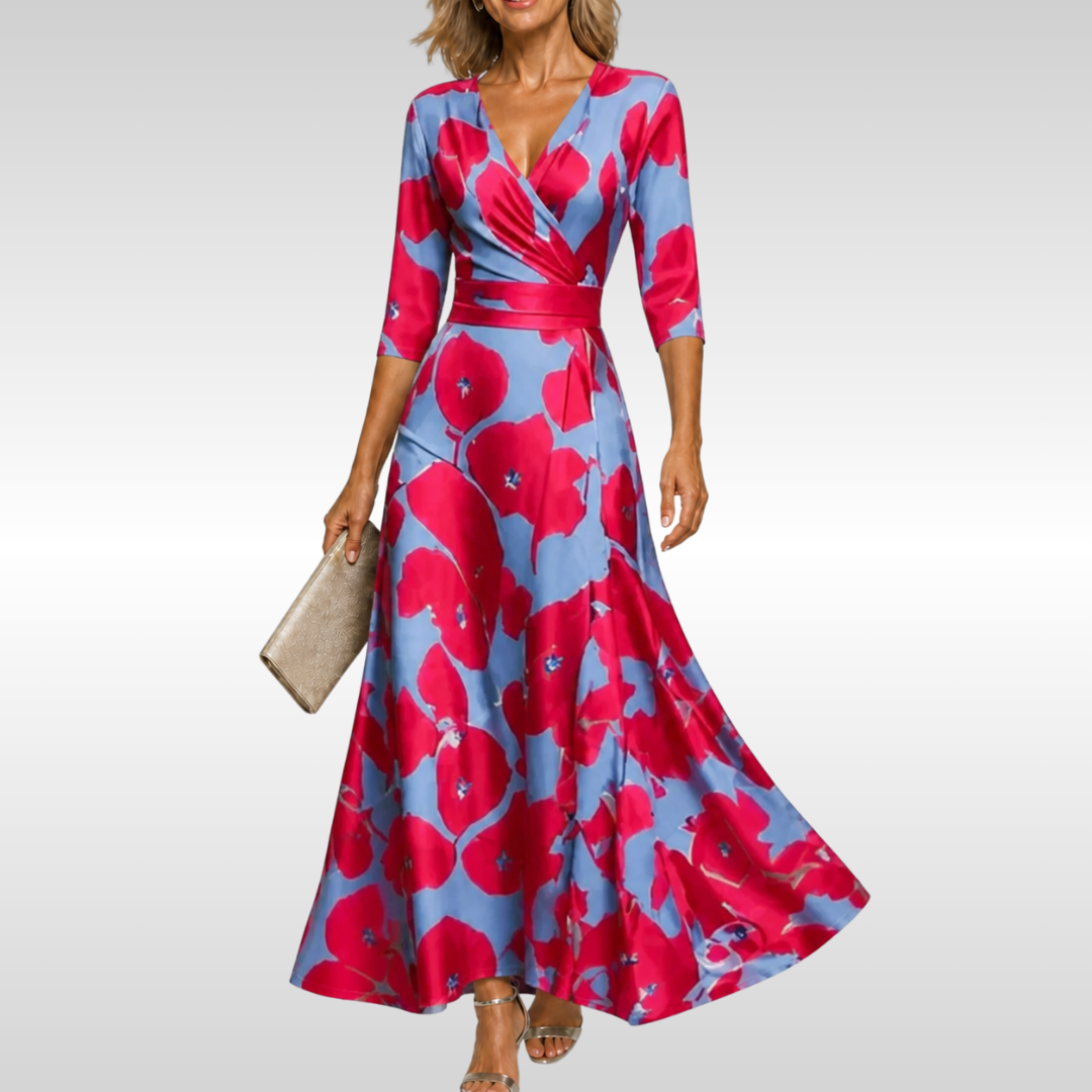 Women's Floral Wrap Midi Dress with V-Neck and Three Quarter Sleeves