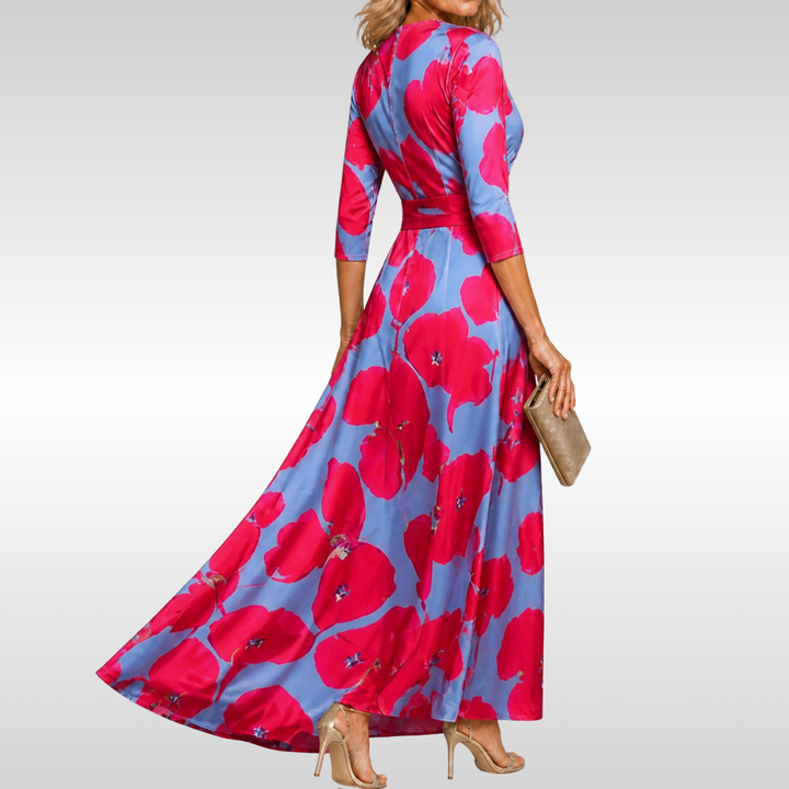Women's Floral Wrap Midi Dress with V-Neck and Three Quarter Sleeves