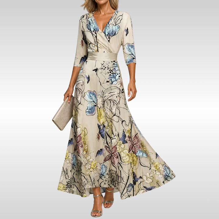 Women's Floral Wrap Midi Dress with V-Neck and Three Quarter Sleeves