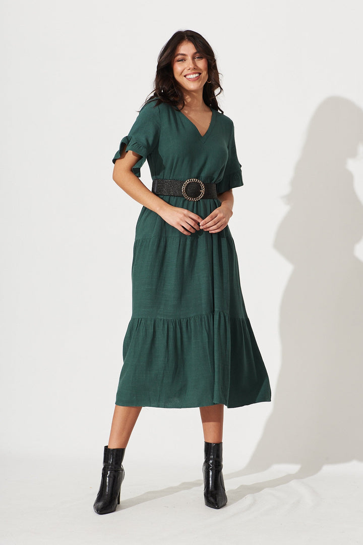 Women’s Tiered Gathered Waist Flounce Sleeve Midi Dress