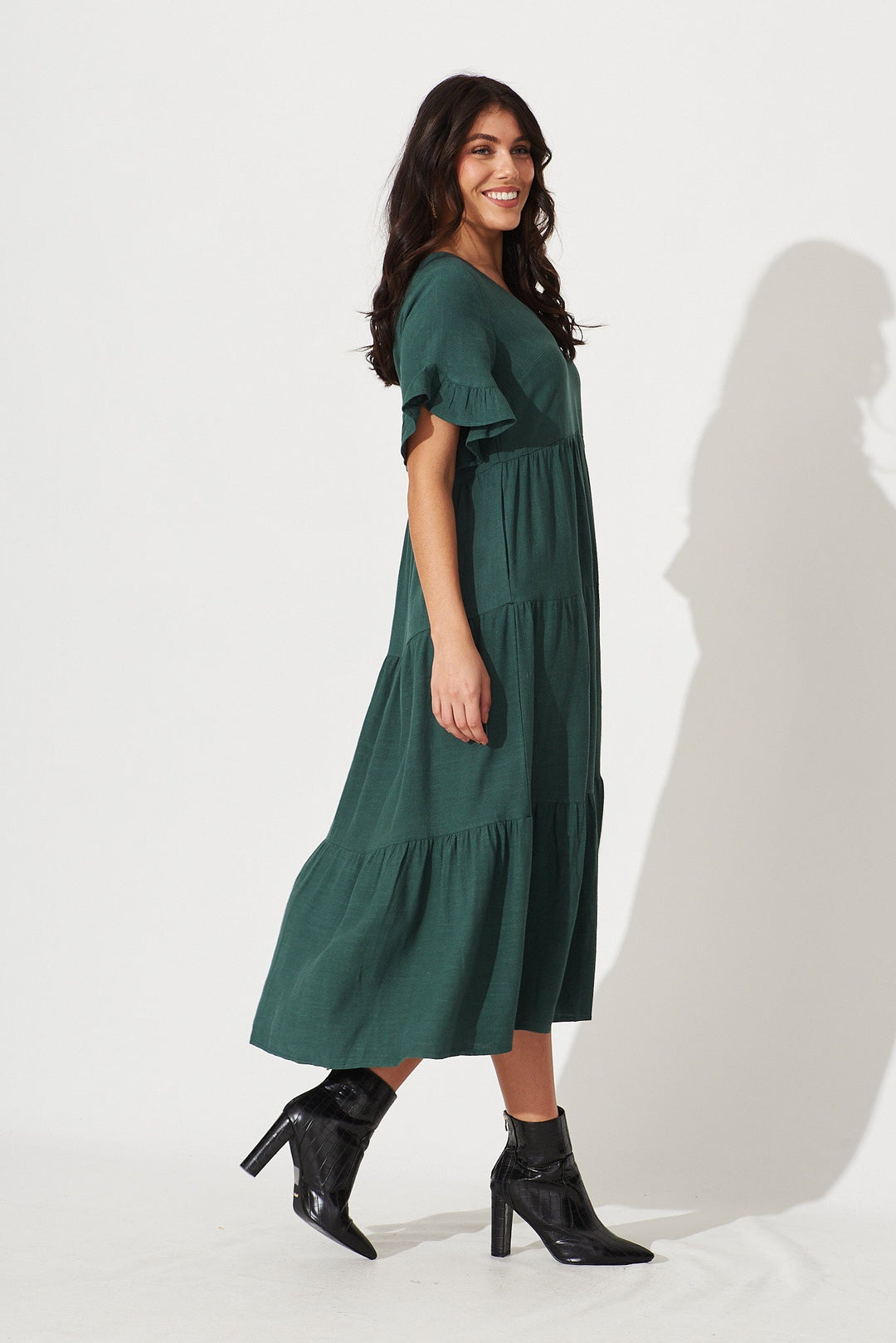 Women’s Tiered Gathered Waist Flounce Sleeve Midi Dress