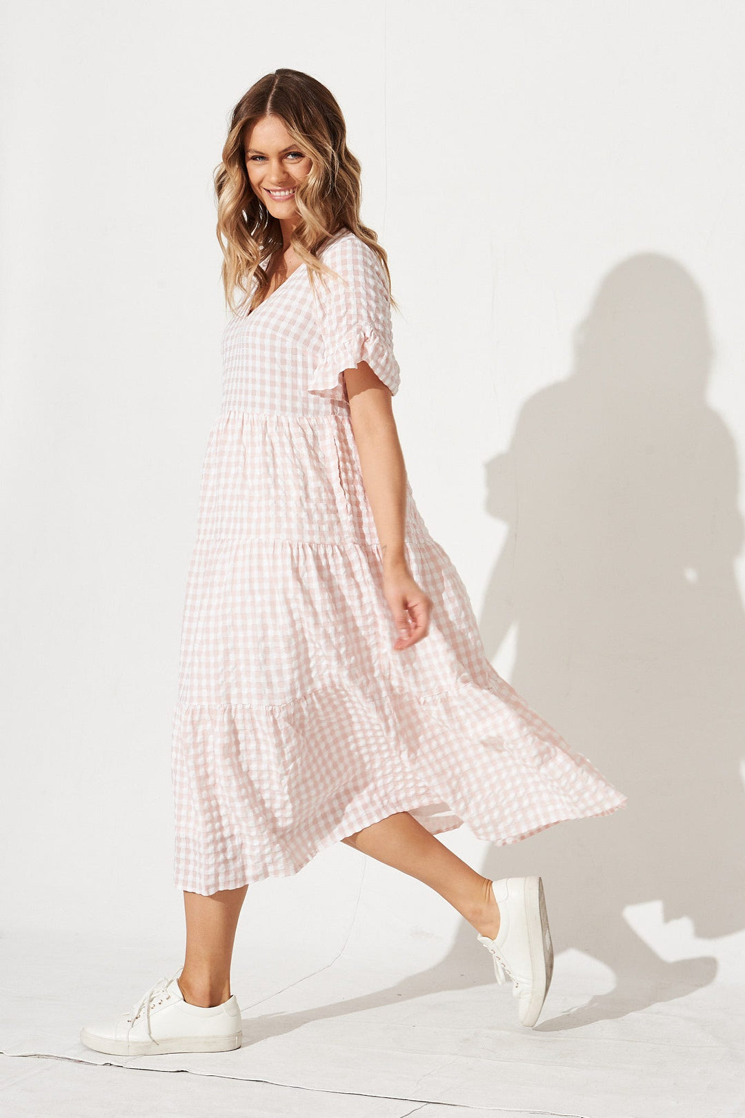 Women’s Checked Tiered Flounce Sleeve Midi Dress