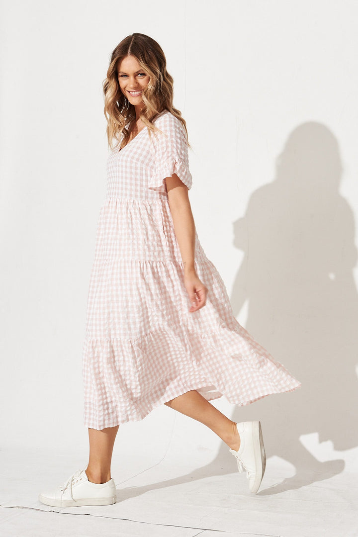 Women’s Checked Tiered Flounce Sleeve Midi Dress