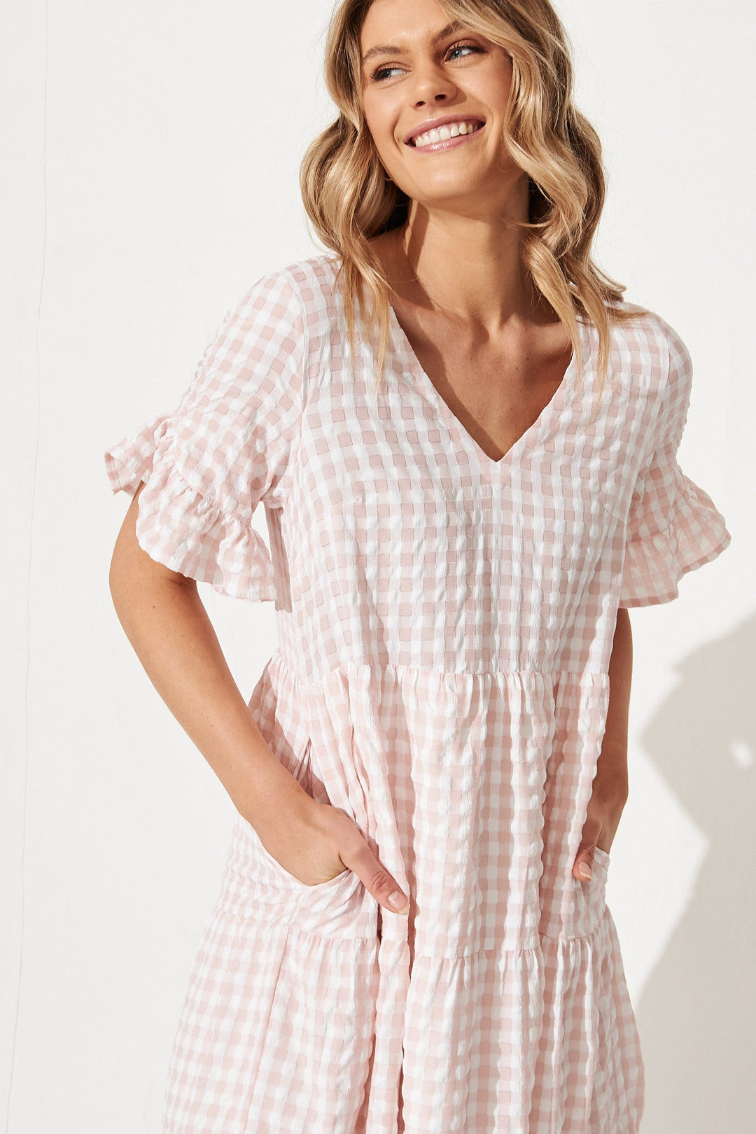 Women’s Checked Tiered Flounce Sleeve Midi Dress