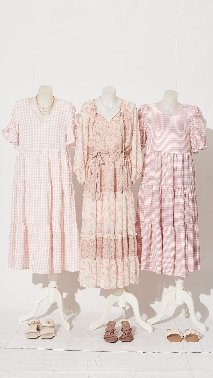 Women’s Checked Tiered Flounce Sleeve Midi Dress