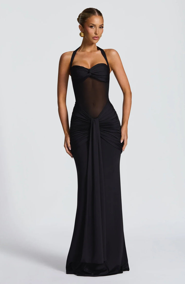 Women's Halter Maxi Dress with Twist Bust and Sheer Mesh Midsection