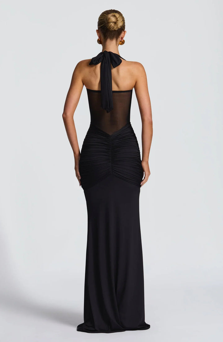 Women's Halter Maxi Dress with Twist Bust and Sheer Mesh Midsection