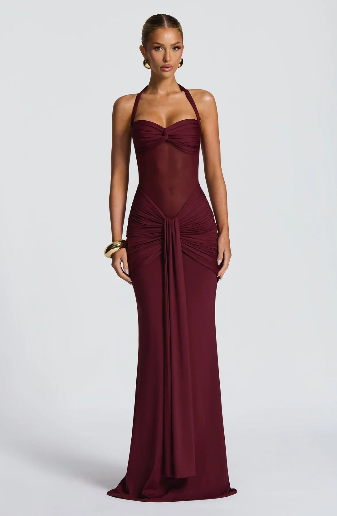 Women's Halter Maxi Dress with Twist Bust and Sheer Mesh Midsection