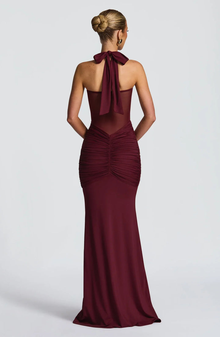 Women's Halter Maxi Dress with Twist Bust and Sheer Mesh Midsection