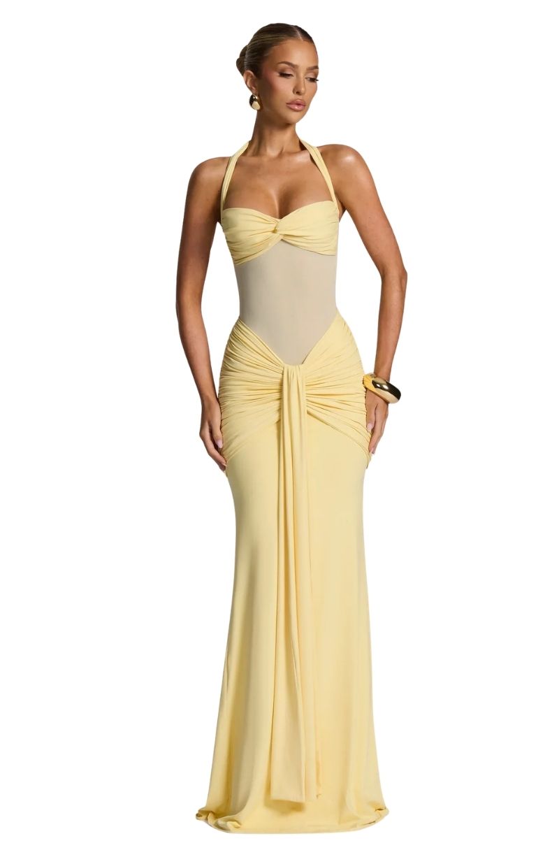 Women's Halter Maxi Dress with Twist Bust and Sheer Mesh Midsection