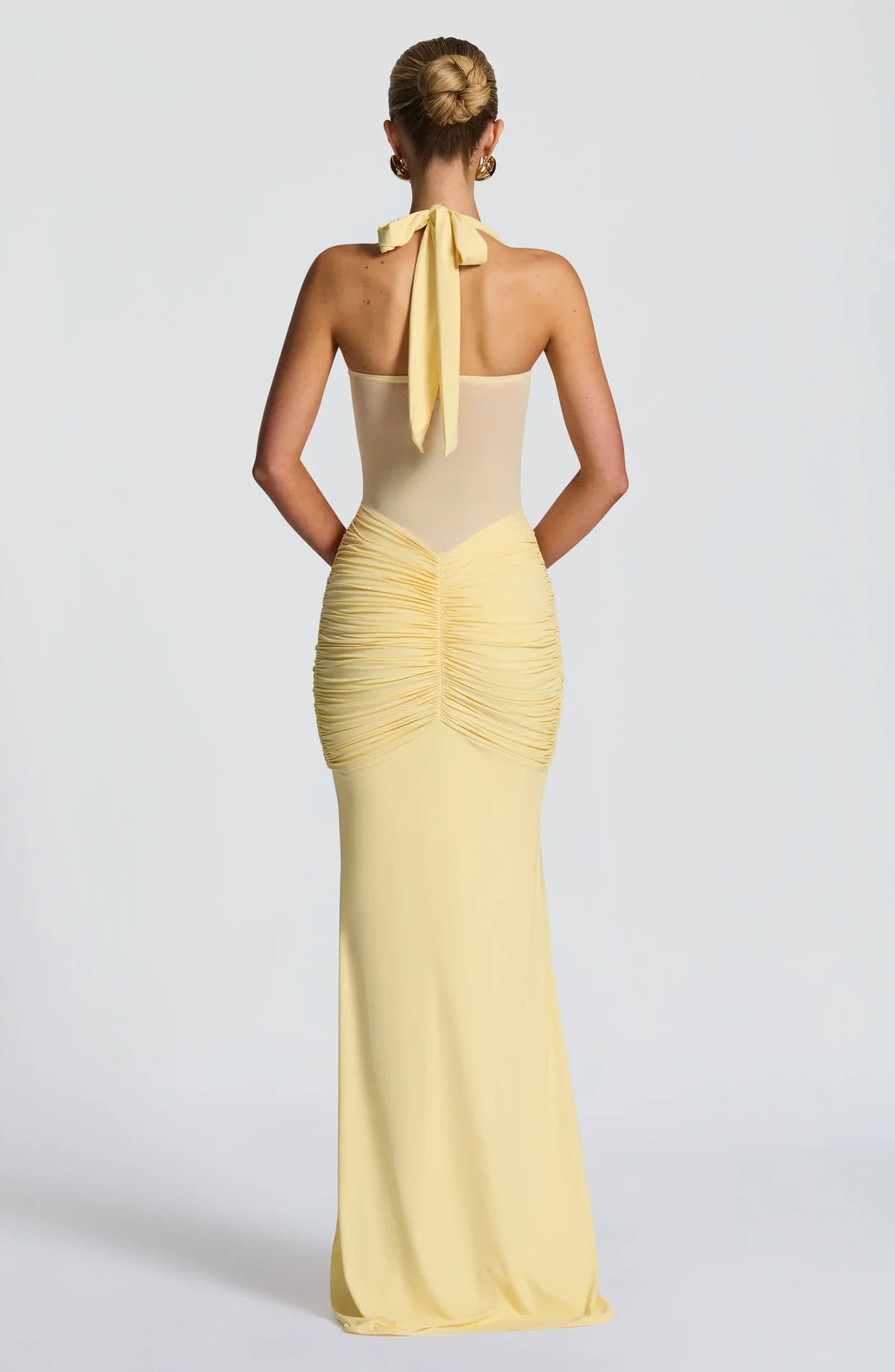 Women's Halter Maxi Dress with Twist Bust and Sheer Mesh Midsection