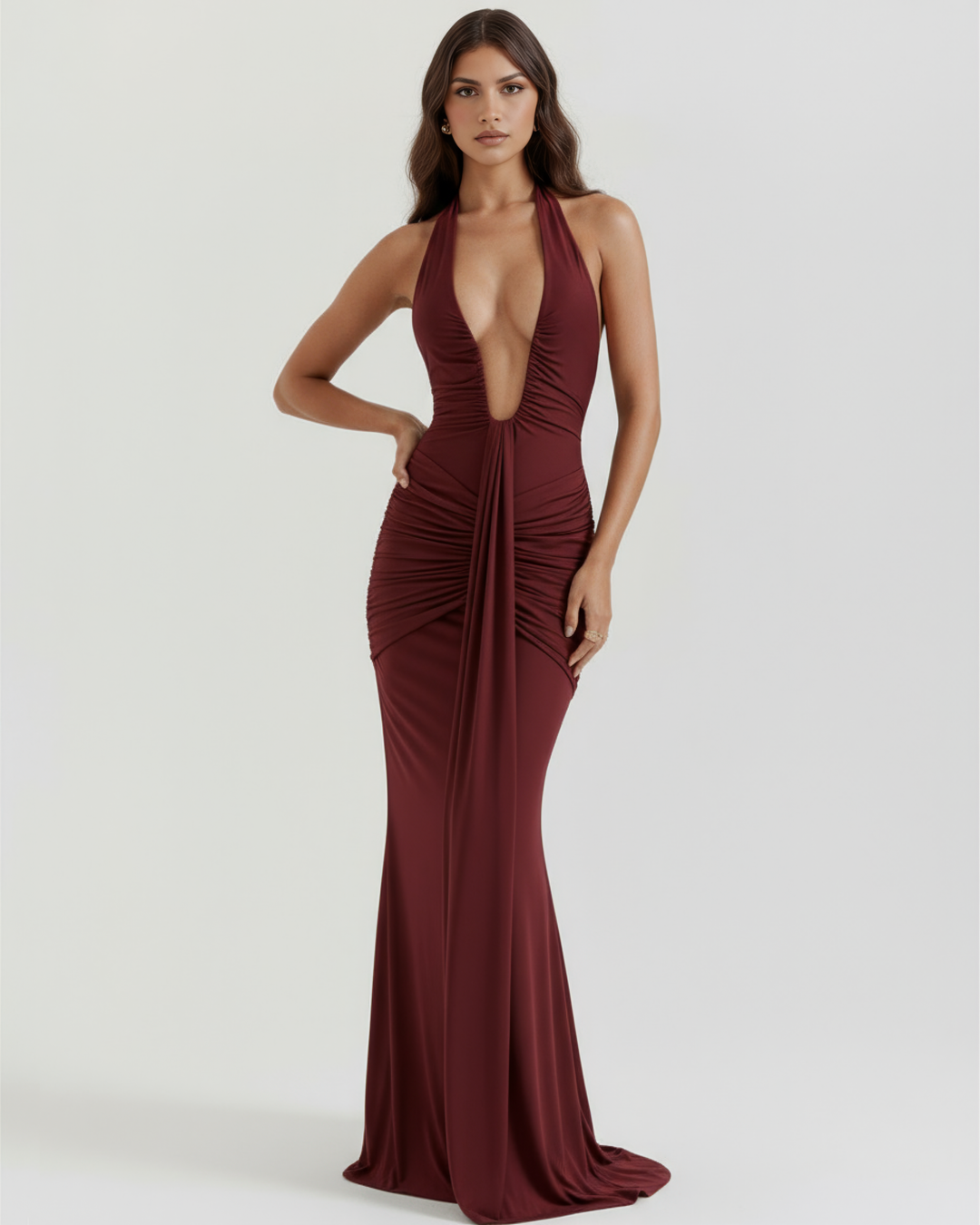 Women’s Halter Neck Ruched Maxi Dress with Front Drape