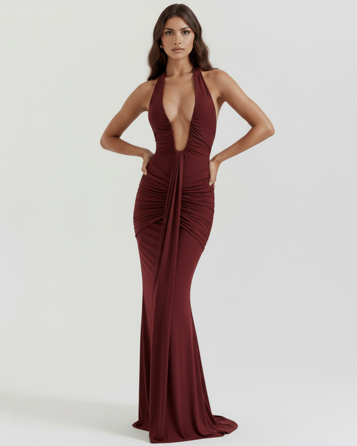 Women’s Halter Neck Gathered Maxi Dress with Front Drape Panel