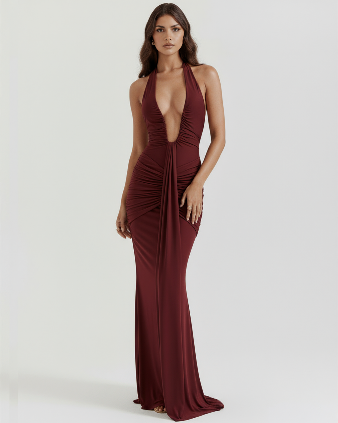 Women’s Halter Neck Gathered Maxi Dress with Front Drape Panel