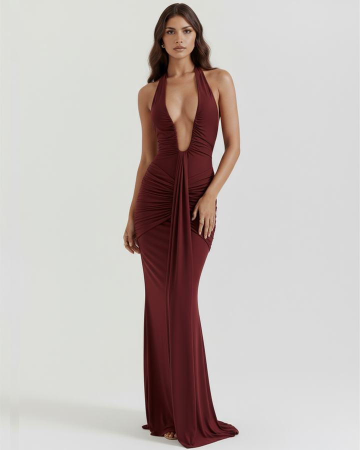 Women’s Halter Neck Gathered Maxi Dress with Front Drape Panel
