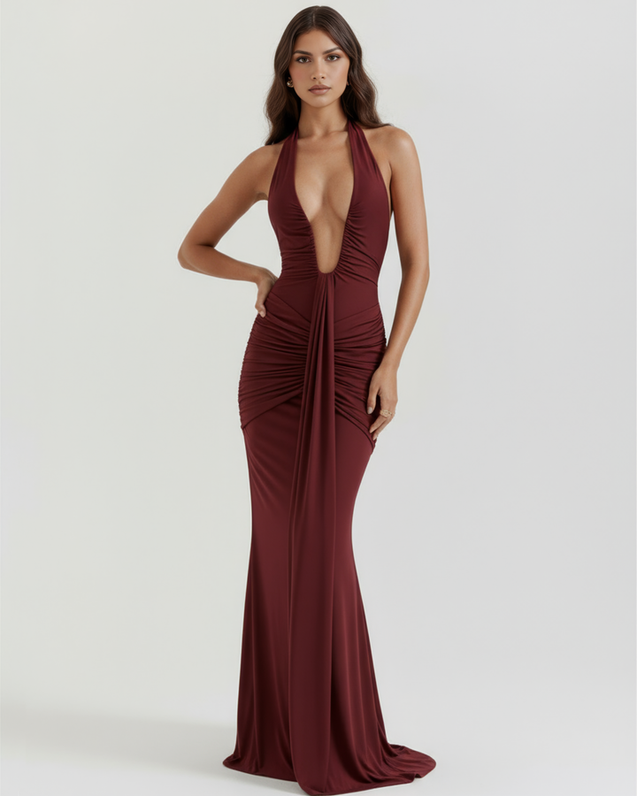 Women’s Halter Neck Gathered Maxi Dress with Front Drape Panel