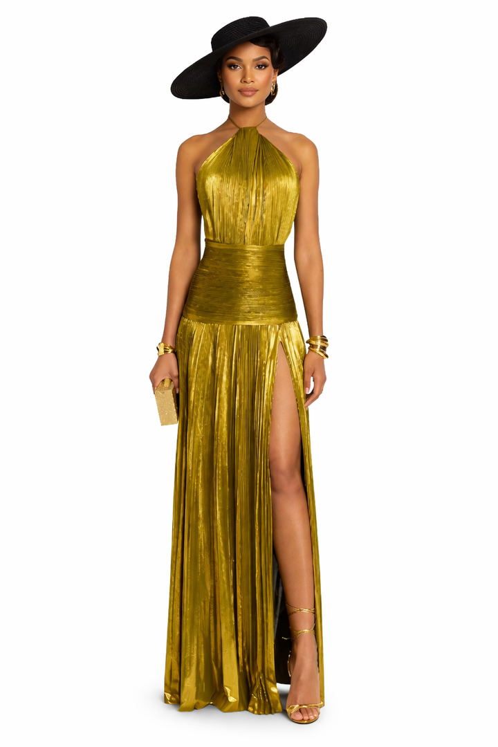 Women’s Halter Neck Pleated Maxi Dress with Side Split