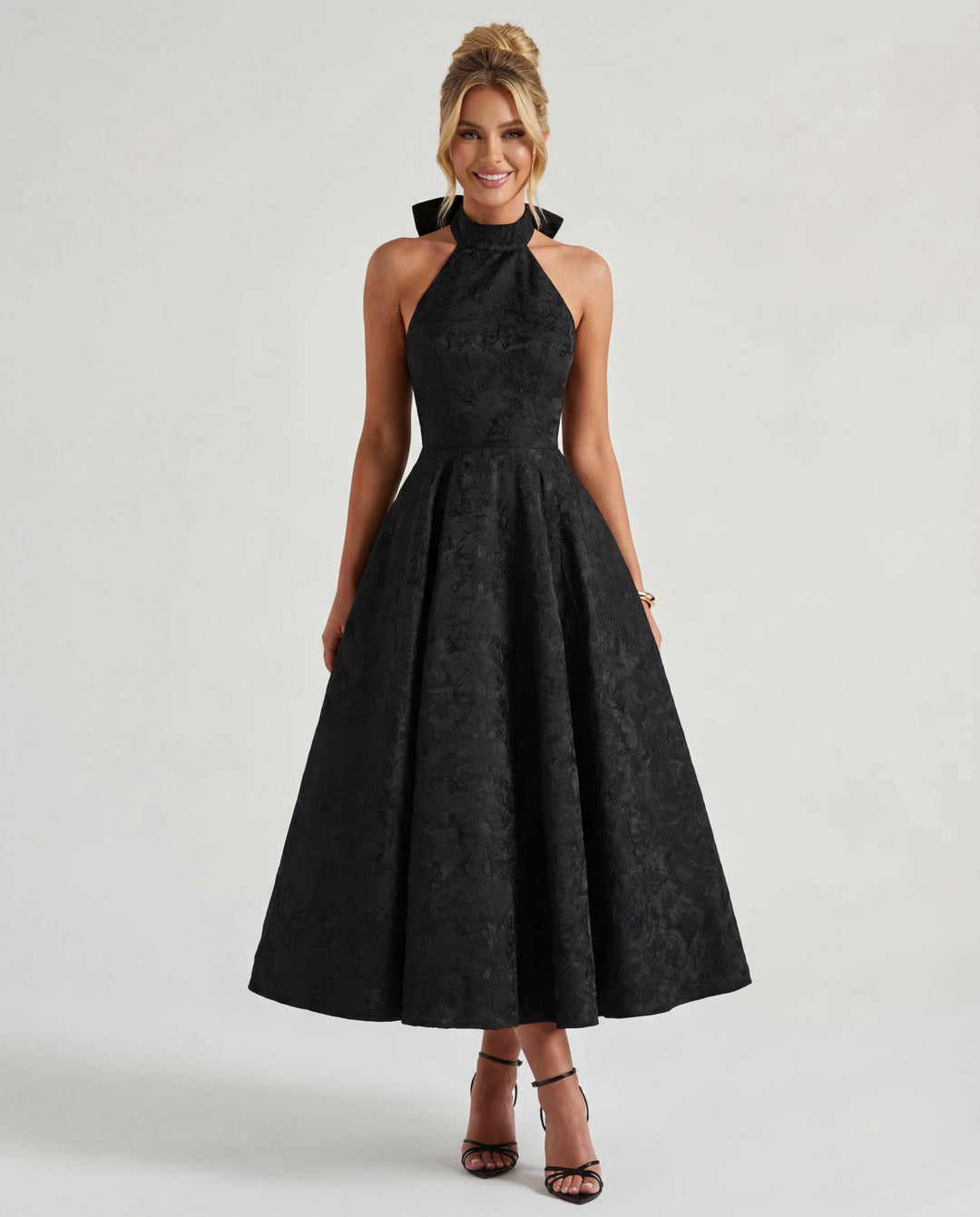 Women’s Halter Neck Pleated Midi Dress with Bow Tie Back