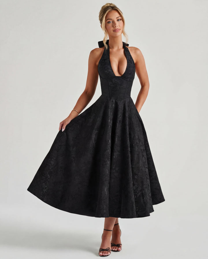Women’s Halter Neck Pleated Midi Dress with Bow Tie Back