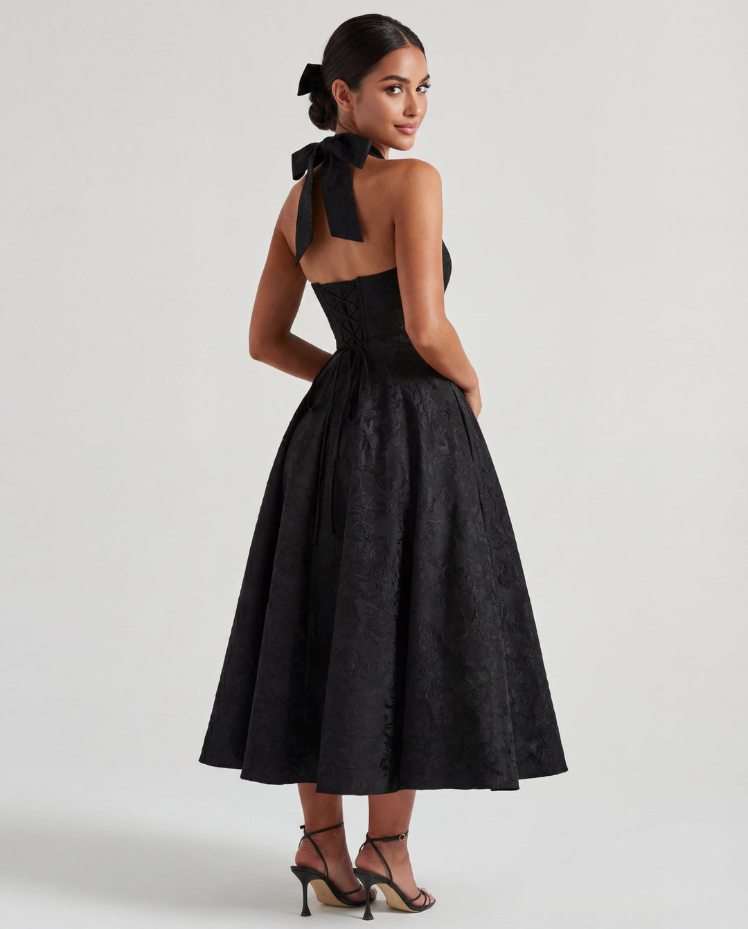 Women’s Halter Neck Pleated Midi Dress with Bow Tie Back