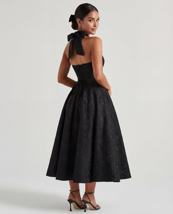 Women’s Halter Neck Pleated Midi Dress with Bow Tie Back