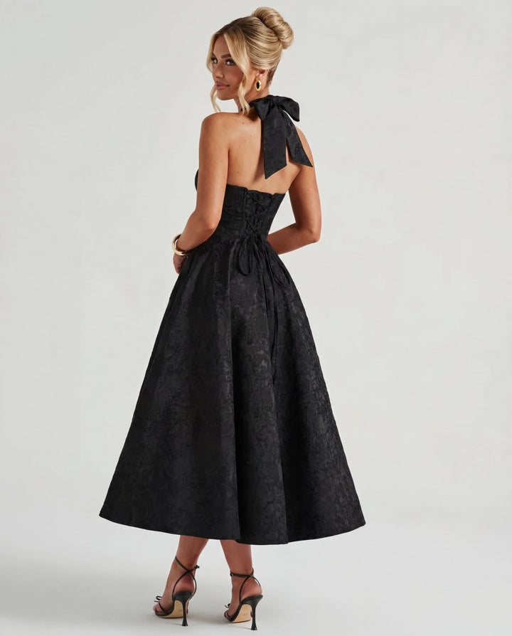 Women’s Halter Neck Pleated Midi Dress with Bow Tie Back