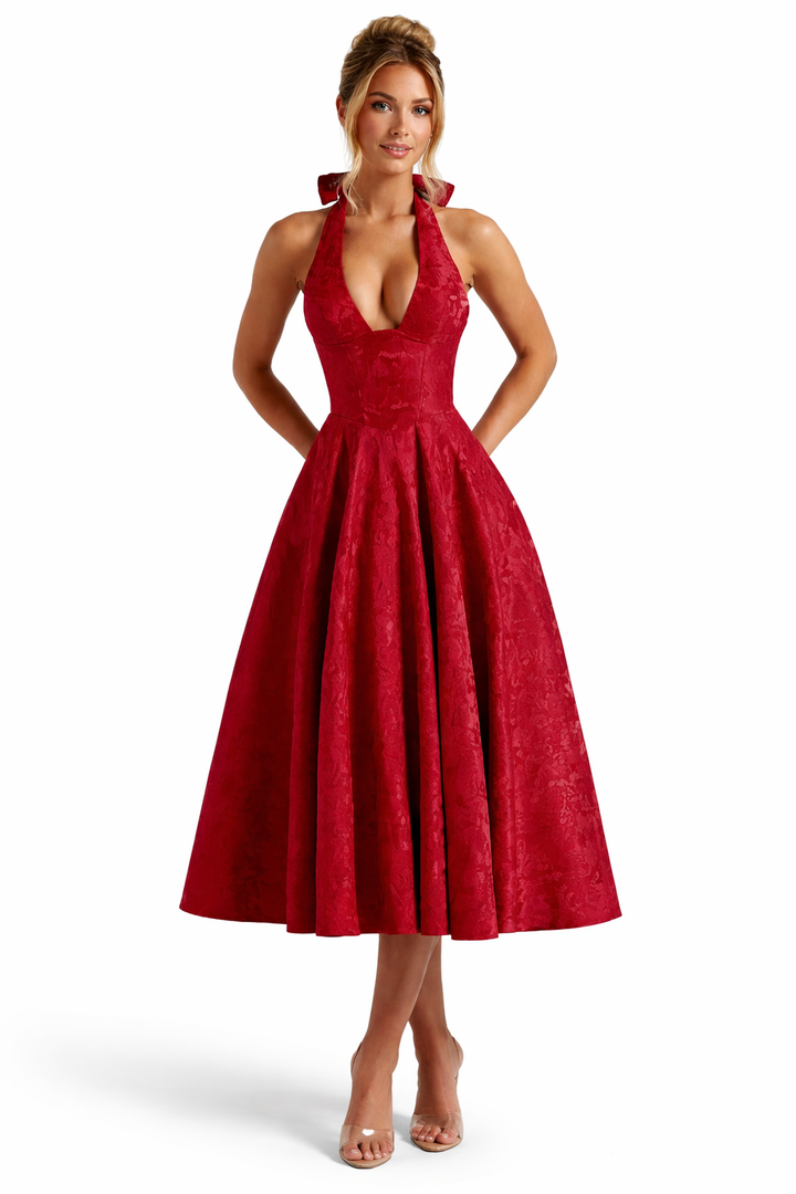 Women’s Halter Neck Pleated Midi Dress with Bow Tie Back