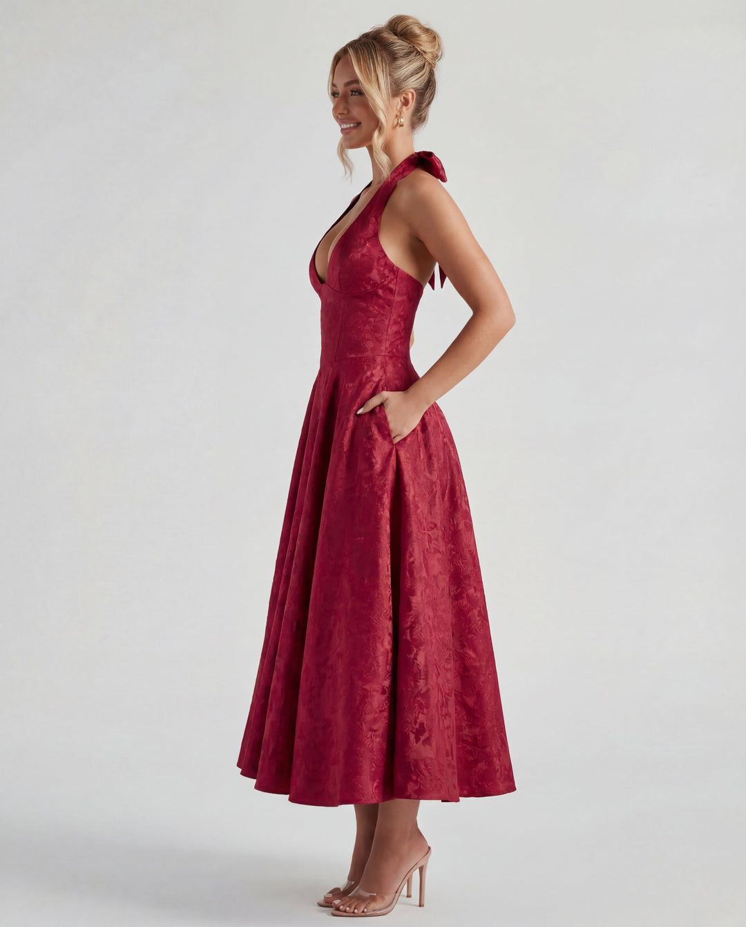 Women’s Halter Neck Pleated Midi Dress with Bow Tie Back