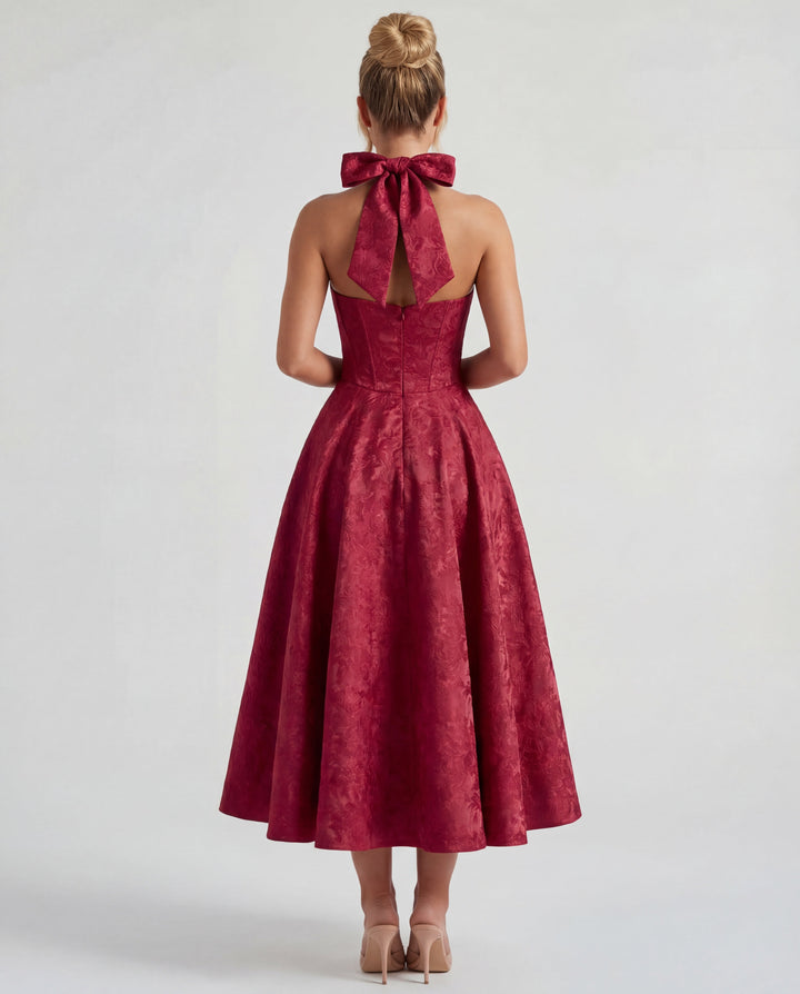 Women’s Halter Neck Pleated Midi Dress with Bow Tie Back