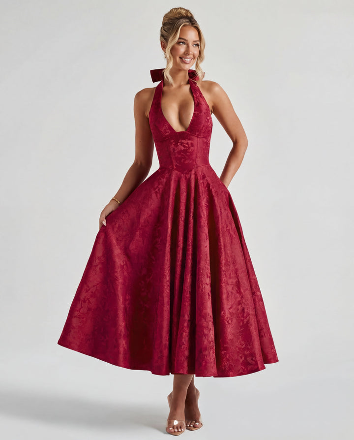 Women’s Halter Neck Pleated Midi Dress with Bow Tie Back