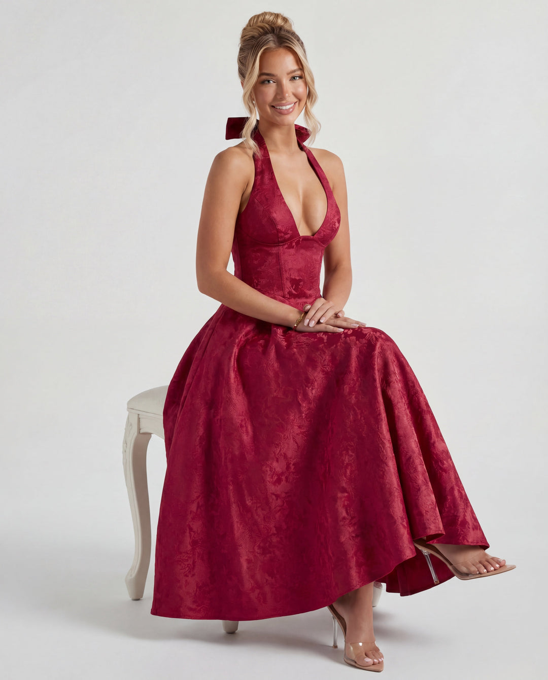 Women’s Halter Neck Pleated Midi Dress with Bow Tie Back