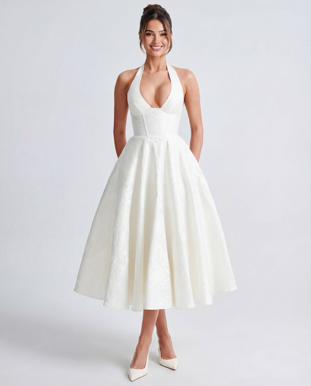 Women’s Halter Neck Pleated Midi Dress with Bow Tie Back