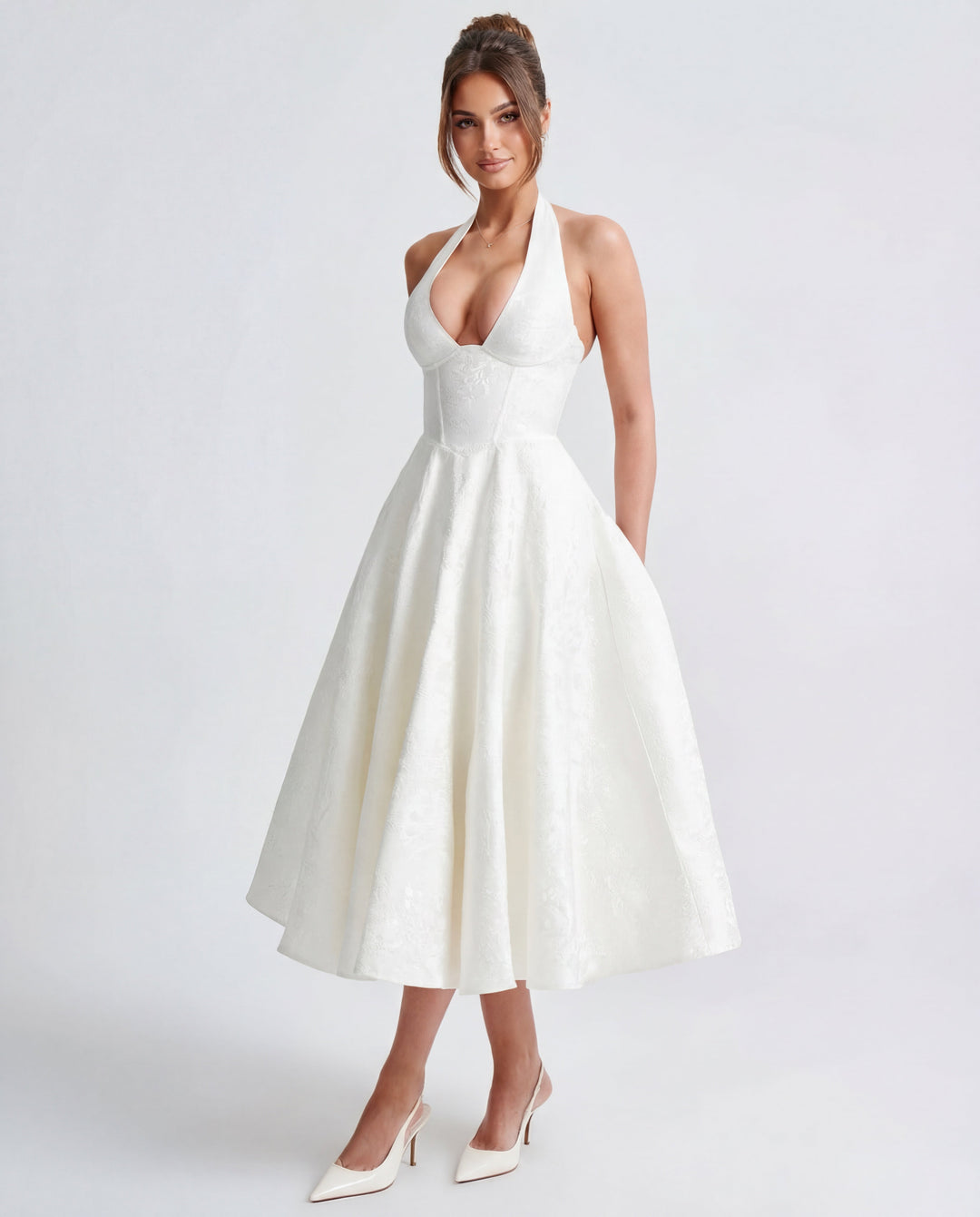 Women’s Halter Neck Pleated Midi Dress with Bow Tie Back