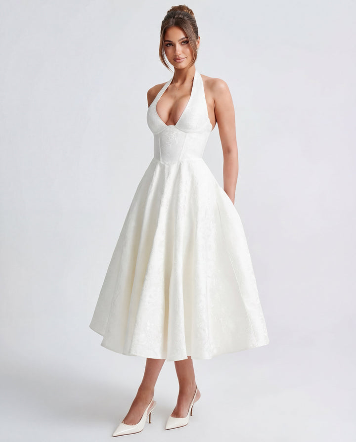 Women’s Halter Neck Pleated Midi Dress with Bow Tie Back