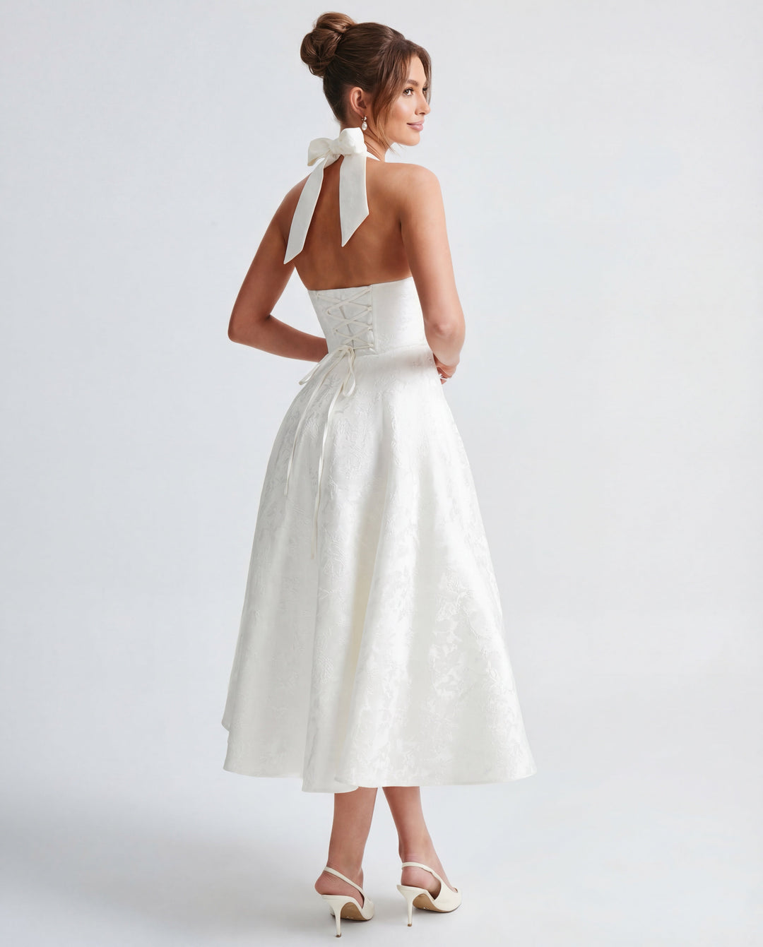 Women’s Halter Neck Pleated Midi Dress with Bow Tie Back