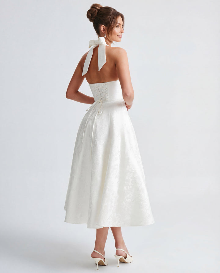 Women’s Halter Neck Pleated Midi Dress with Bow Tie Back
