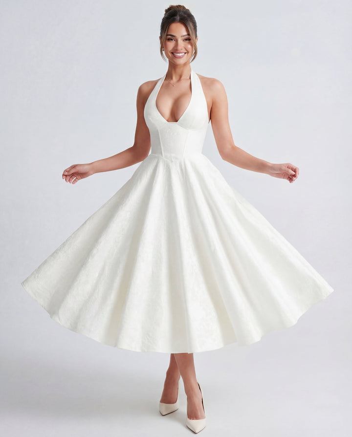 Women’s Halter Neck Pleated Midi Dress with Bow Tie Back