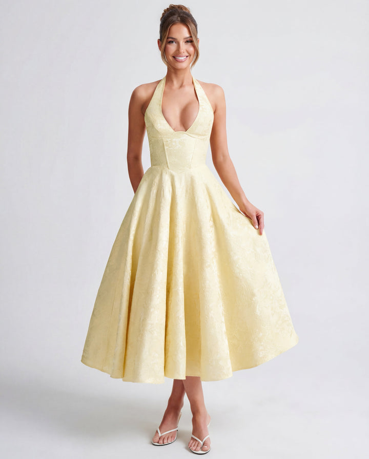 Women’s Halter Neck Pleated Midi Dress with Bow Tie Back