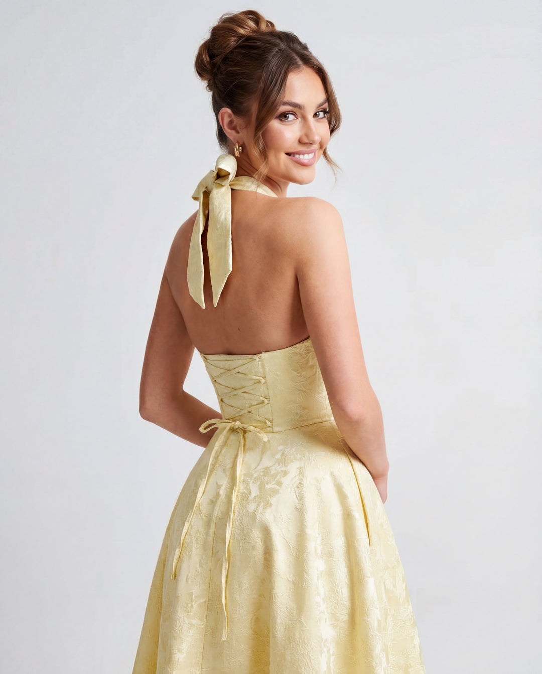 Women’s Halter Neck Pleated Midi Dress with Bow Tie Back